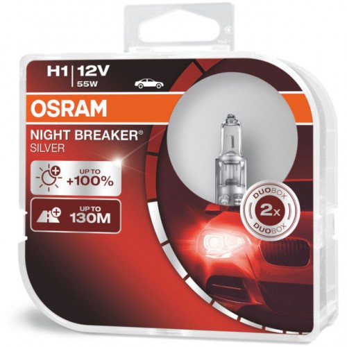 Галогенная лампа H1 12V 55W P14.5s Night Breaker Silver +100% 2шт OSRAM 64150NBSHCB