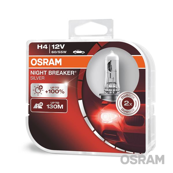 Галогенная лампа H4 12V 60/55W P43T / NIGHT BREAKER® SILVER +100% 2шт OSRAM 64193NBSHCB