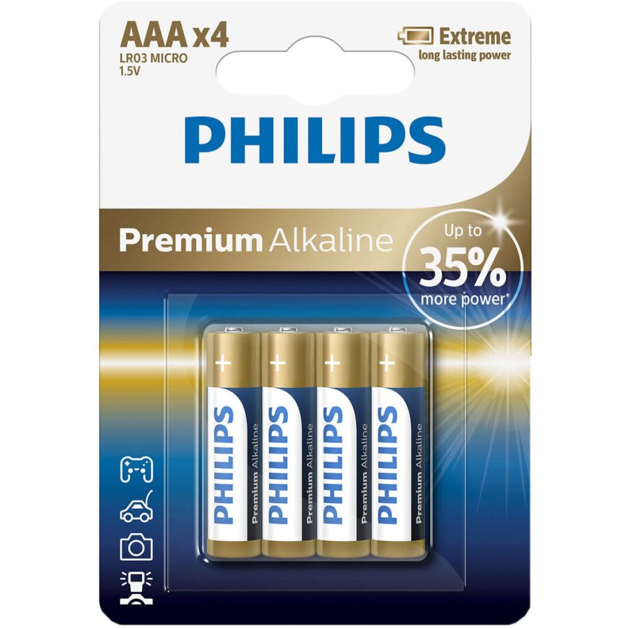 Батарейки щелочные AAA (LR03) Premium Alkaline 1.5V 4 шт PHILIPS LR03M4B10