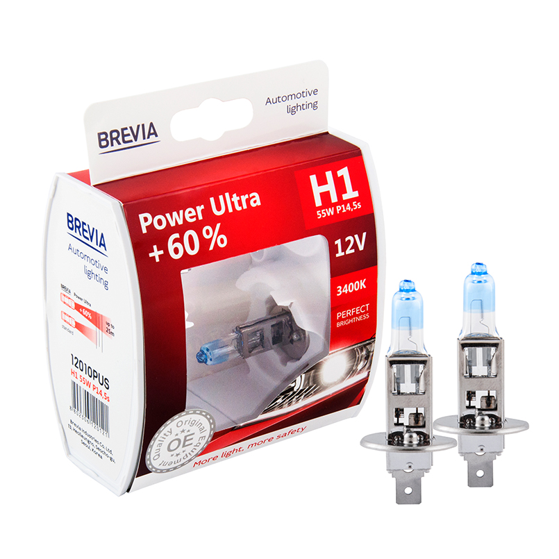 Галогенная лампа Brevia H1 12V 55W P14.5s Power Ultra +60% (2шт.) BREVIA 12010PUS