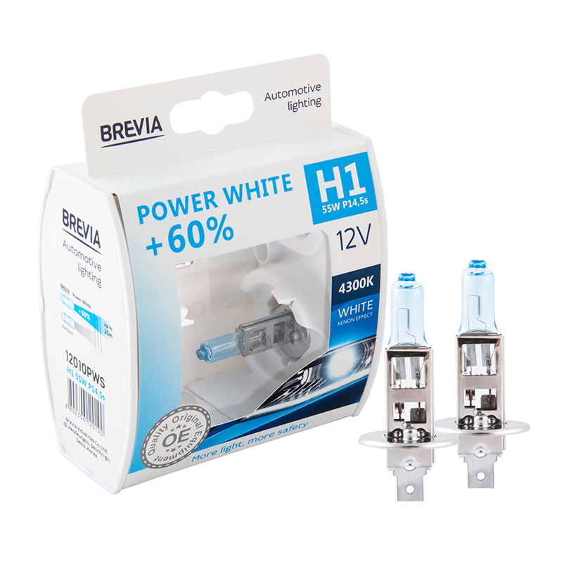Галогенная лампа Brevia H1 12V 55W P14, 5s Power White+60% 4300K (2шт.) BREVIA 12010PWS