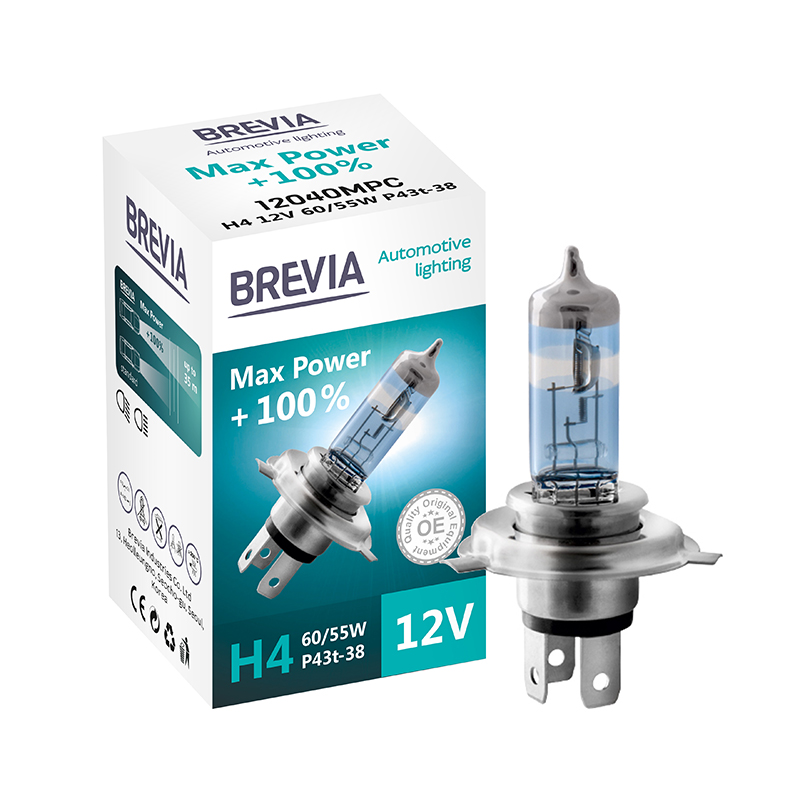 Галогенная лампа Brevia H4 12V 60/55W Max Power +100% (1шт.) BREVIA 12040MPC