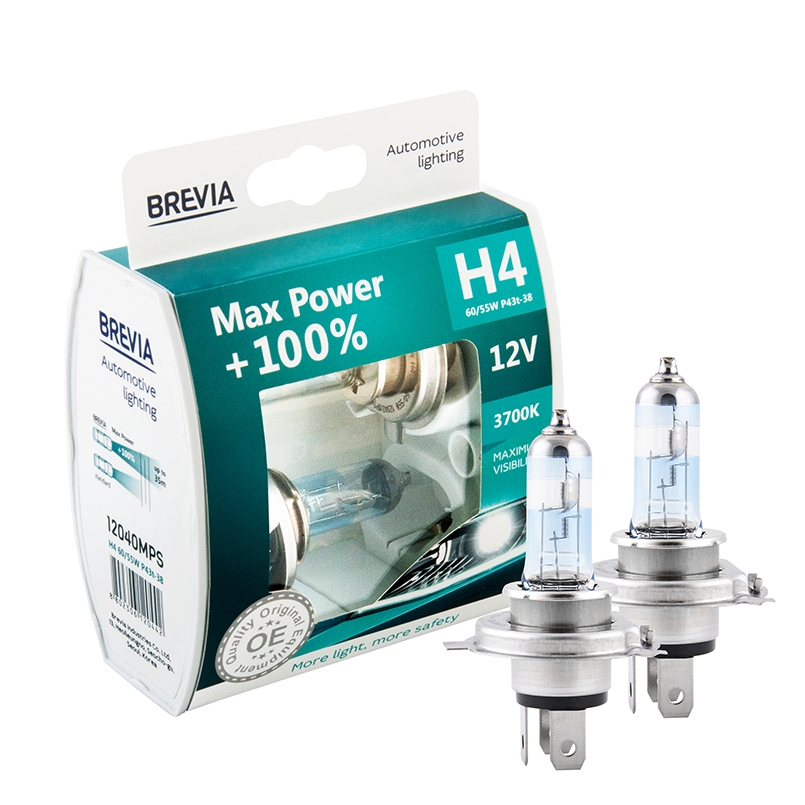 Галогенная лампа Brevia H4 12V 60/55W P43t Max Power+100% (2шт.) BREVIA 12040MPS