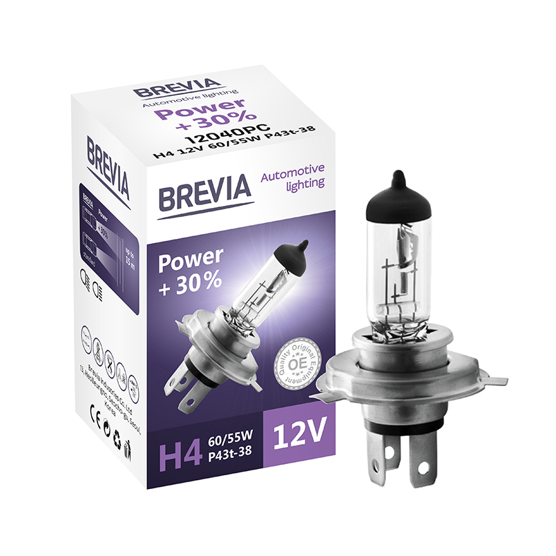 Галогенная лампа Brevia H4 12V 60/55W Power +30% (1шт.) BREVIA 12040PC