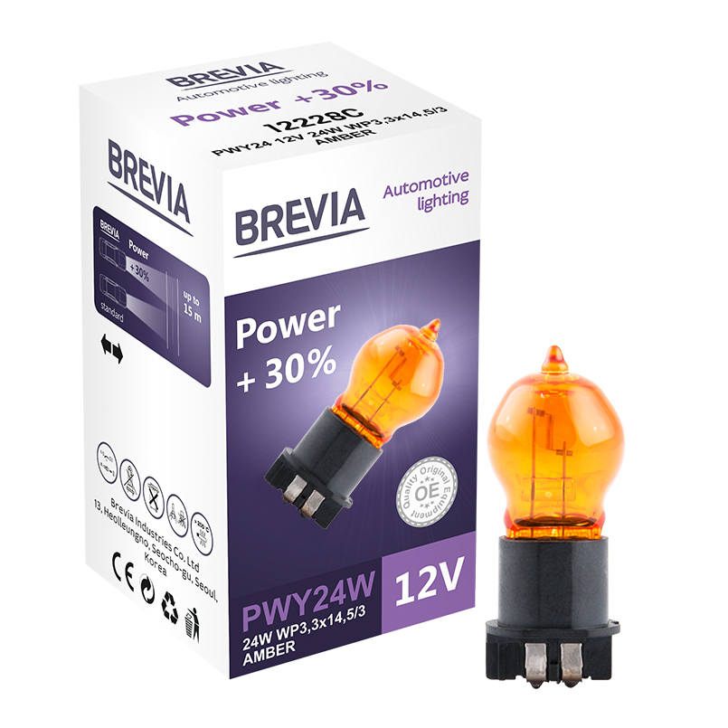 Галогенная лампа Brevia PWY24W 12V 24W WP3, 3x14, 5/4 AMBER Power +30% (1шт.) BREVIA 12228C