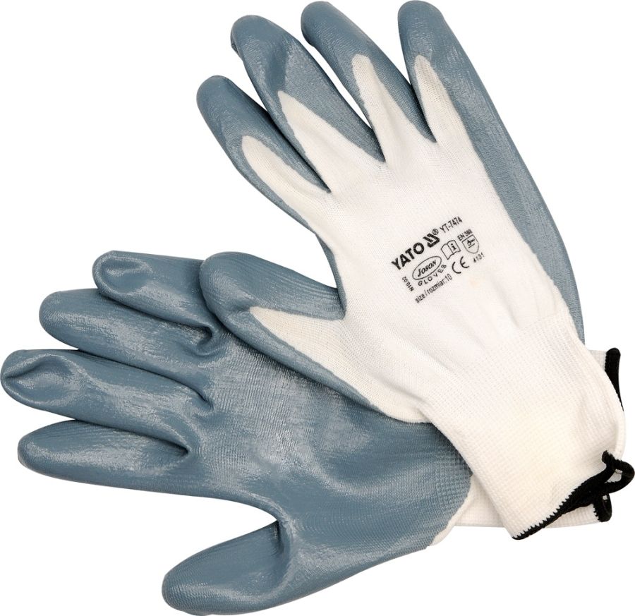 Перчатки рабочие нейлоновые с нитриловым покрытием на ладонях и пальцах, размер 10 (XL) YATO YT7474