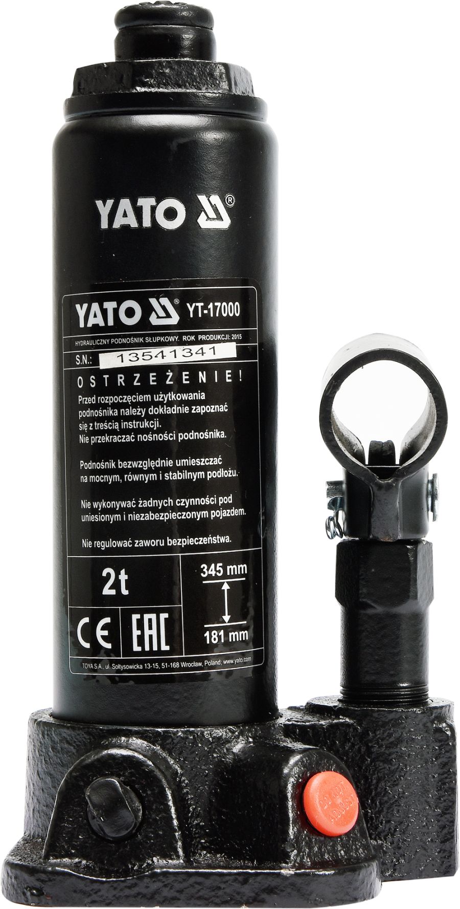 Домкрат гидравлический бутылочный 2т YATO YT17000