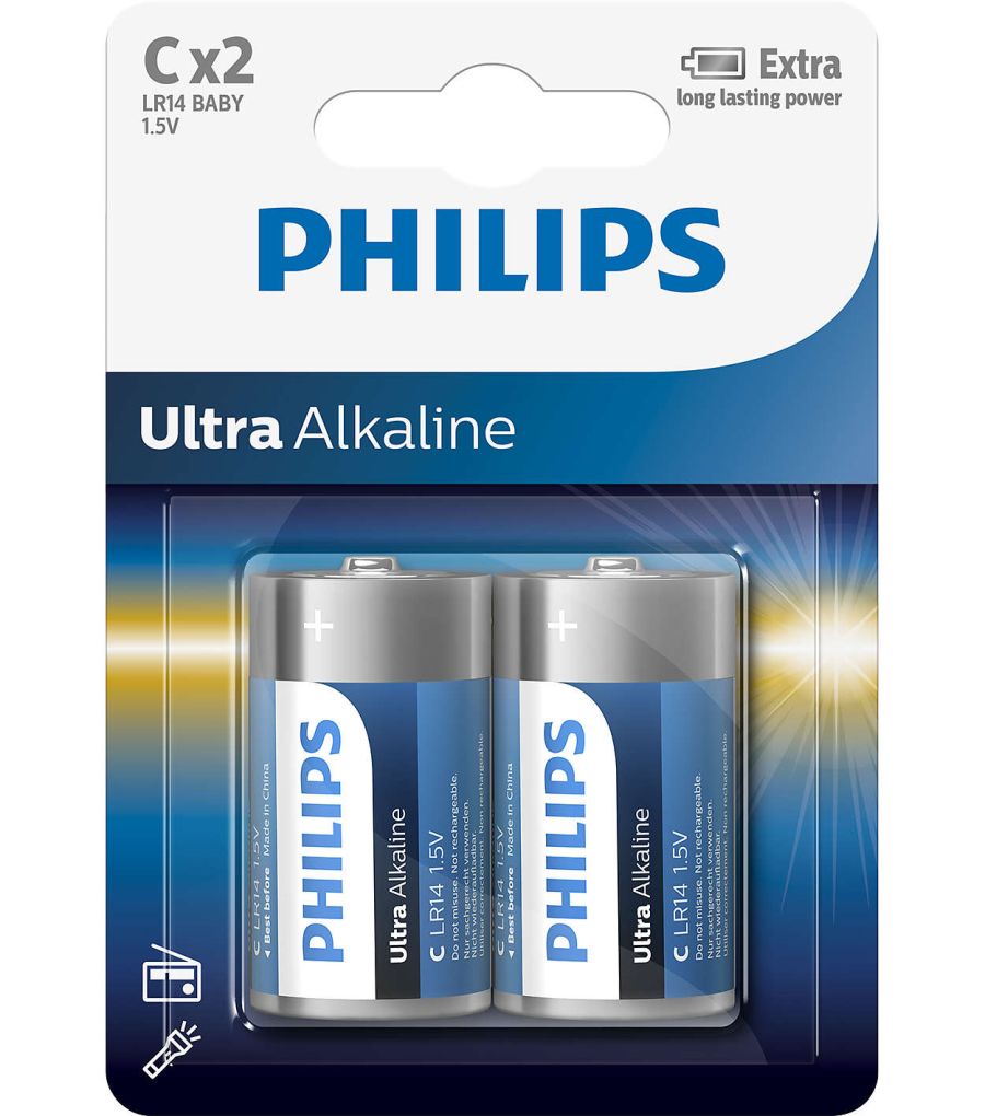Батарейки щелочные C (LR14) Ultra Alkaline 1.5V 2 шт PHILIPS LR14E2B10