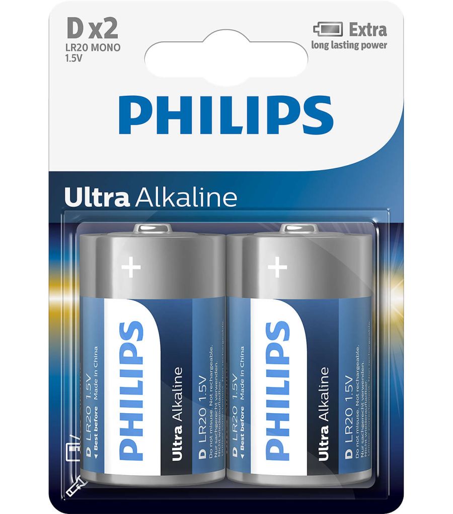 Батарейки щелочные D (LR20) Ultra Alkaline 1.5V 2 шт PHILIPS LR20E2B10