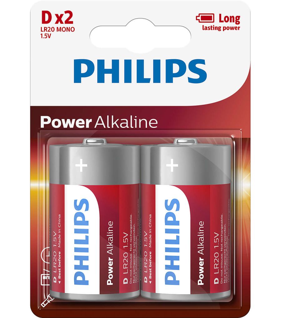 Батарейки щелочные D (LR20) Power Alkaline 1.5V 2 шт PHILIPS LR20P2B10