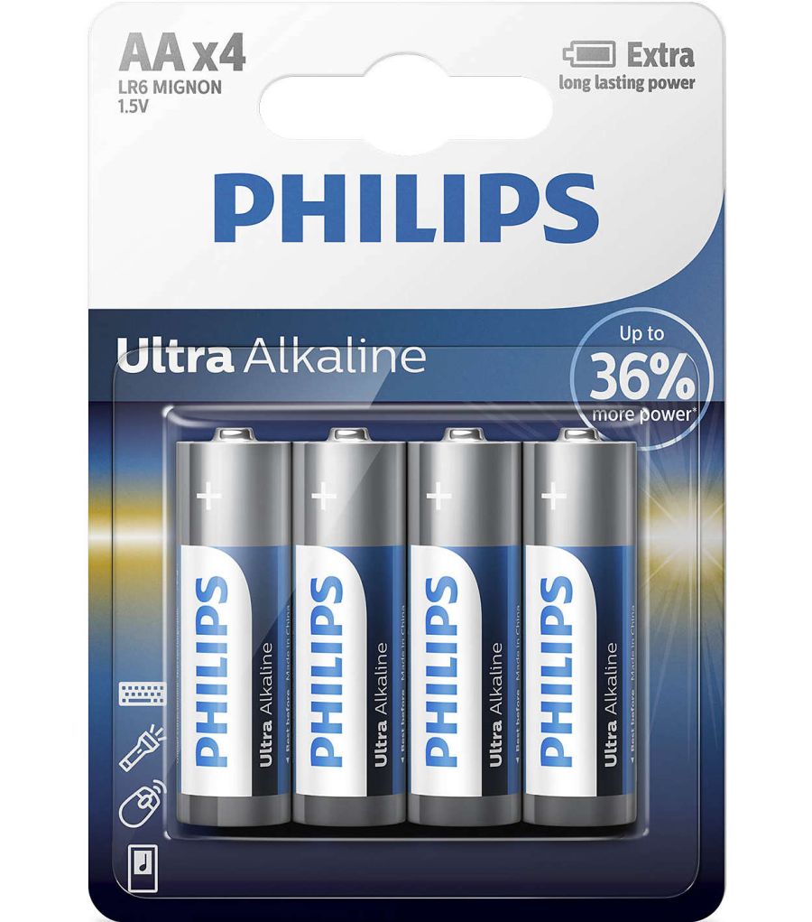 Батарейки щелочные AA (LR6) Ultra Alkaline 1.5V 4 шт PHILIPS LR6E4B10