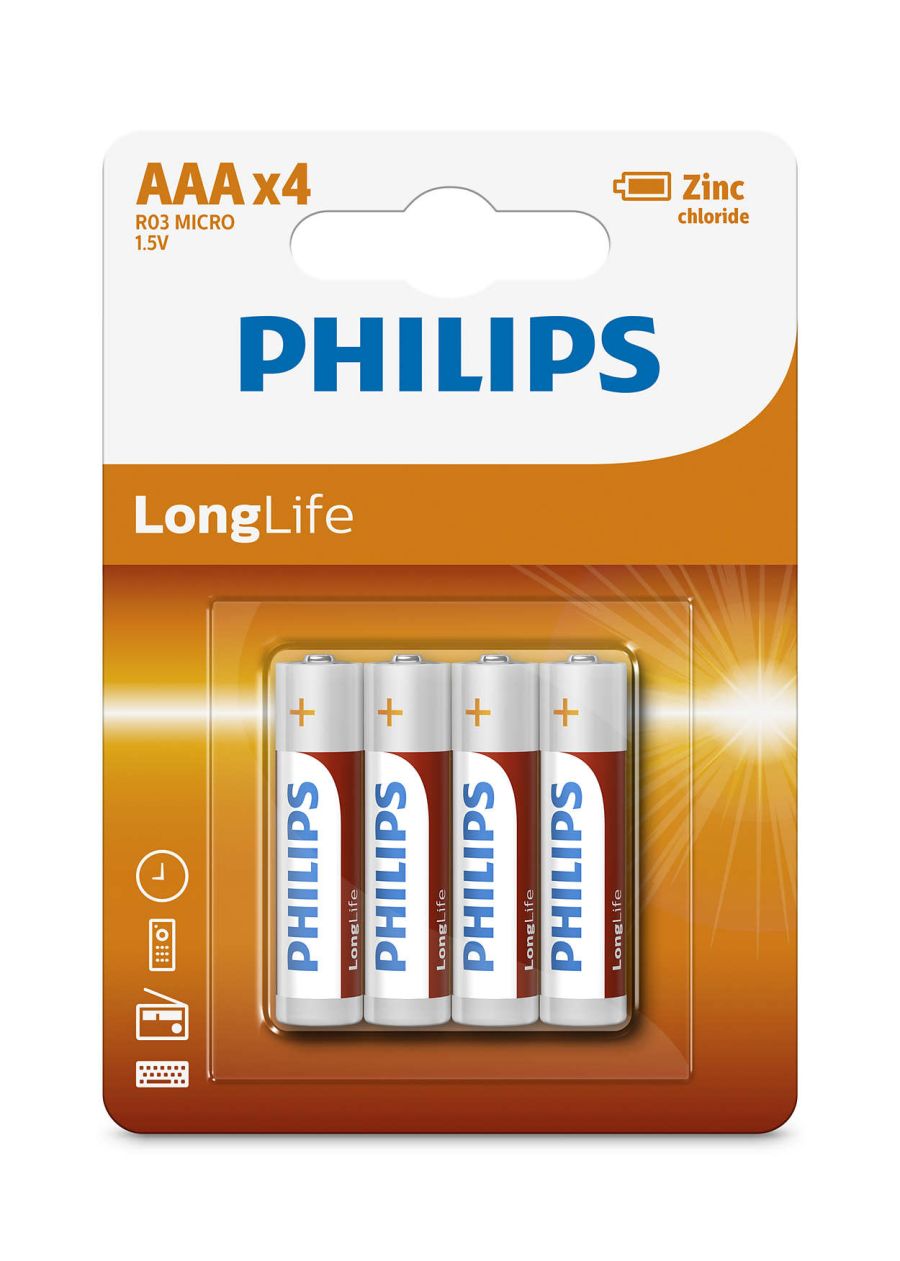 Батарейки солевые AAA (R03) LongLife 1.5V 4 шт PHILIPS R03L4B10
