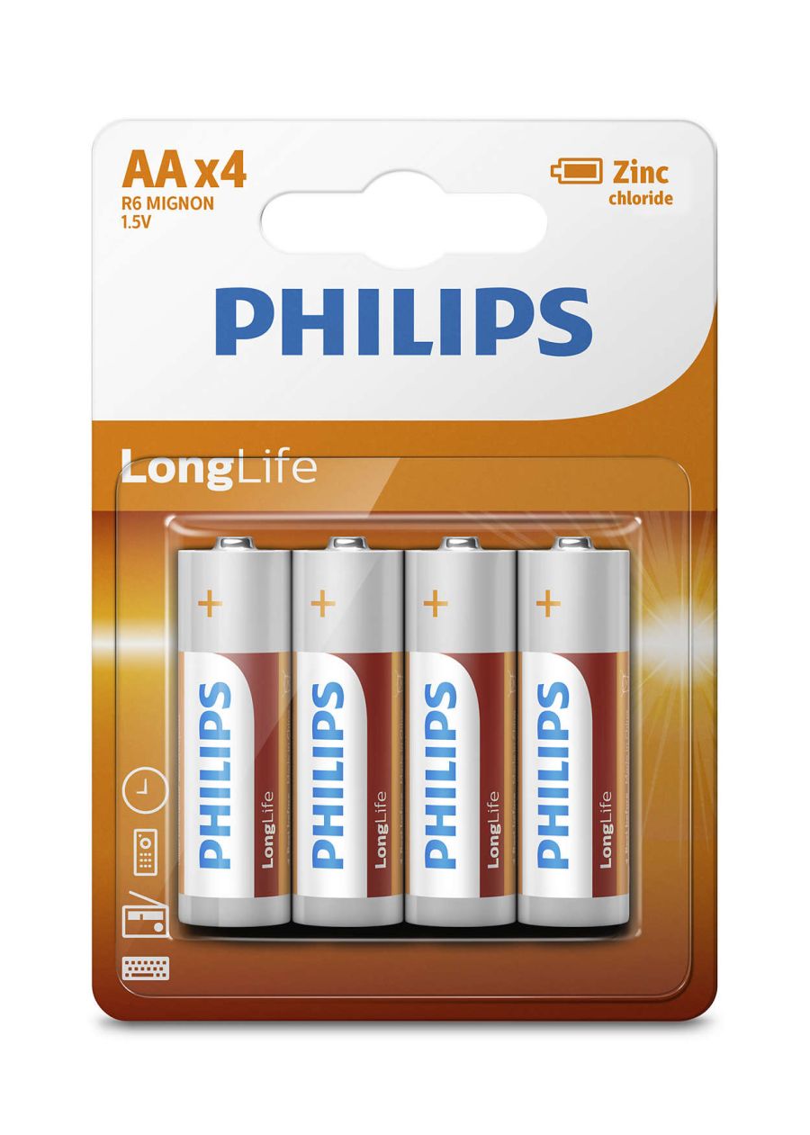 Батарейки солевые AA (R6) LongLife 1.5V 4 шт PHILIPS R6L4B10