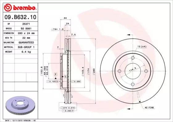 Тормозной диск передний BREMBO 09B63210