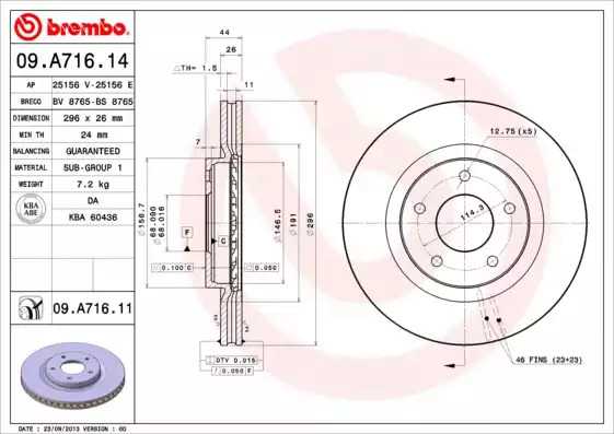 Тормозной диск передний BREMBO 09A71614