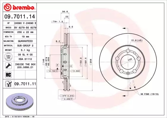 Тормозной диск передний BREMBO 09701114