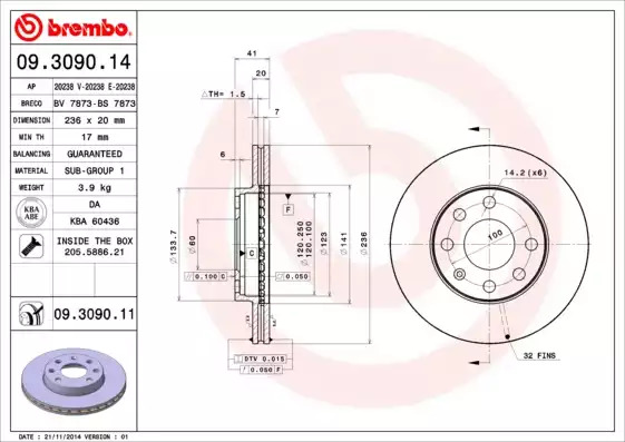 Тормозной диск передний BREMBO 09309011