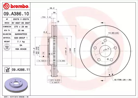 Тормозной диск передний BREMBO 09A38611