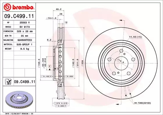 Тормозной диск передний BREMBO 09C49911