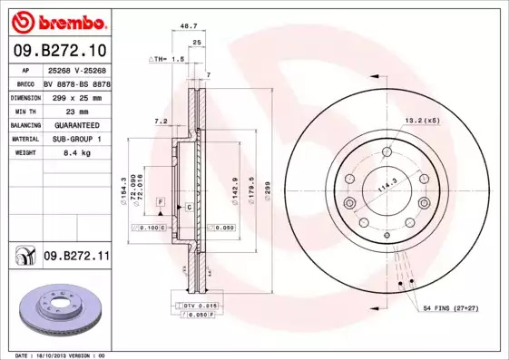 Тормозной диск передний BREMBO 09B27210