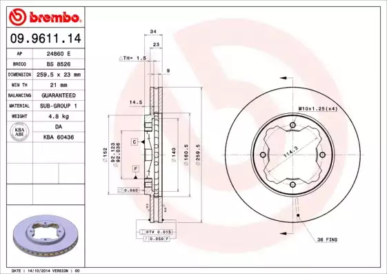 Тормозной диск передний BREMBO 09961114
