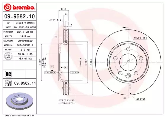Тормозной диск задний BREMBO 09958210