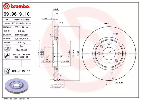 Тормозной диск передний BREMBO 09961911
