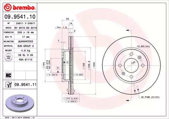Тормозной диск передний BREMBO 09954110
