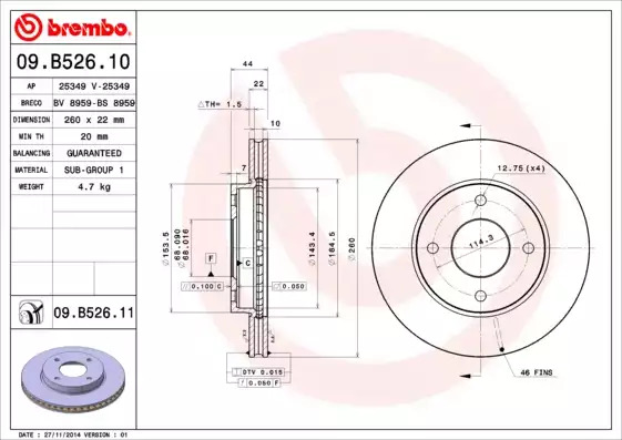 Тормозной диск передний BREMBO 09B52610