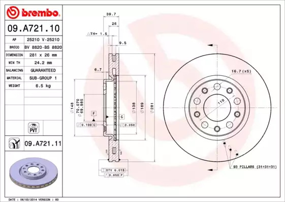 Тормозной диск передний BREMBO 09A72111