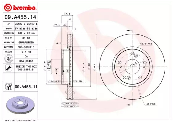 Тормозной диск передний BREMBO 09A45514