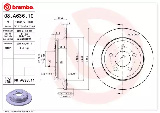 Тормозной диск задний BREMBO 08A63610
