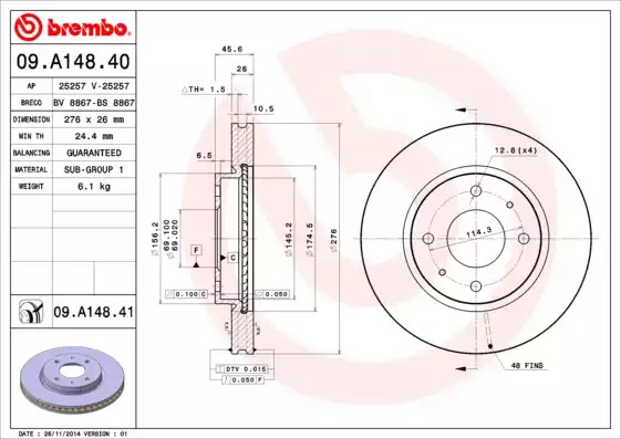 Тормозной диск передний BREMBO 09A14841